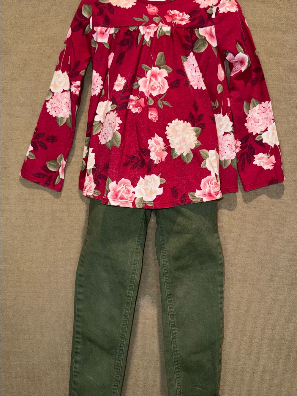 Garanimals Toddler Girls 5T 2-Piece Burgundy Floral Tunic & Olive Pants Set